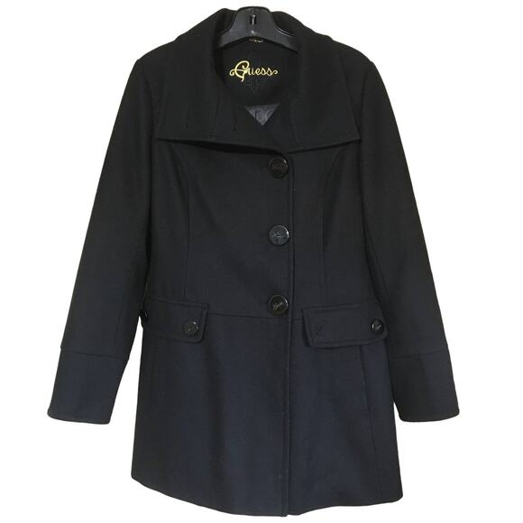 Guess Large Wool Blend Black Lined Pea Coat Gold Embroidery Emblem Chain Loop - Picture 1 of 12